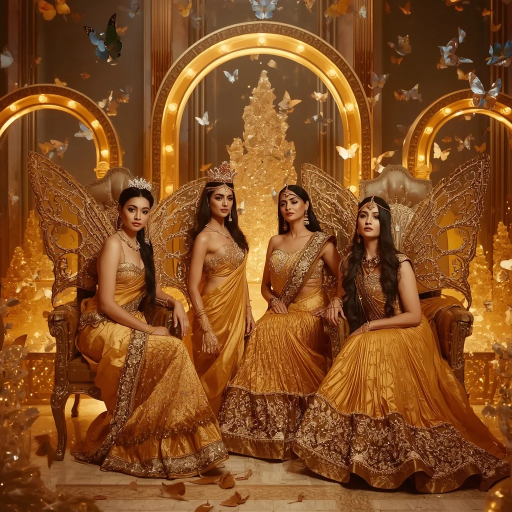 Golden Butterfly Throne Saree Queens with Jewel Empire Background | Ideogram Ai Prompt