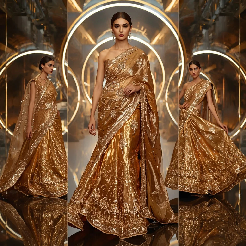 Golden Eclipse Royale Saree with Floating Halo Atrium | ChatGPT Ai Prompt