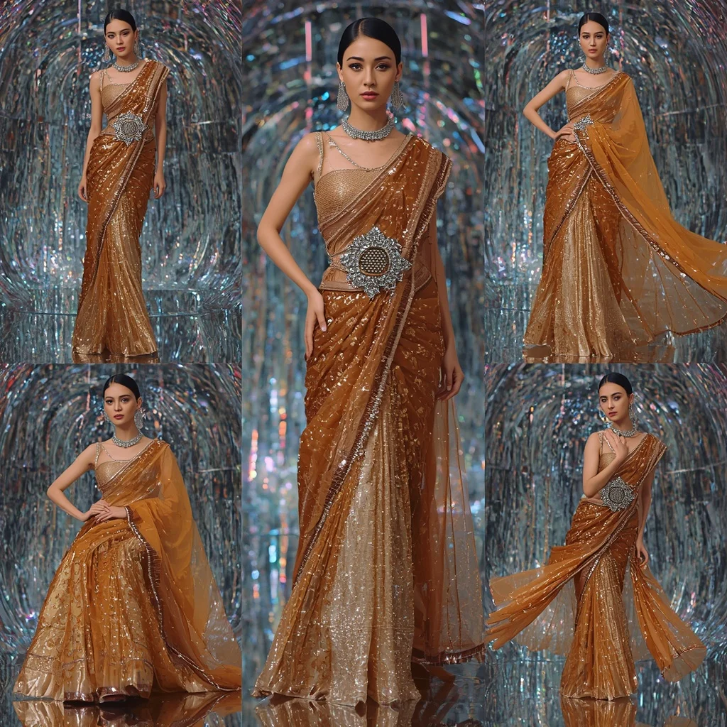 Golden Halo Saree with Infinity Reflective Crystal Dome | Gemini Ai Photo