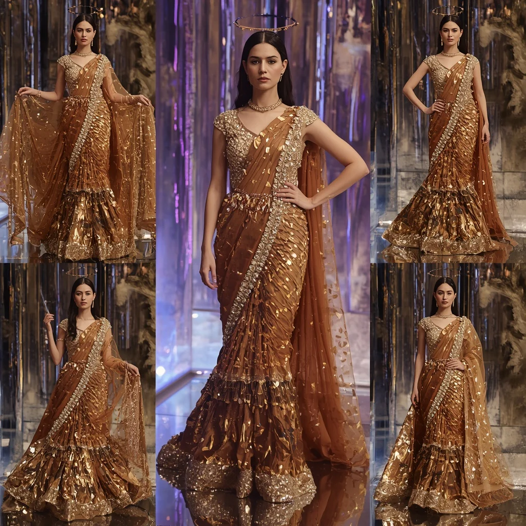 Golden Halo Saree with Infinity Reflective Crystal Kingdom | Free Ai Prompt