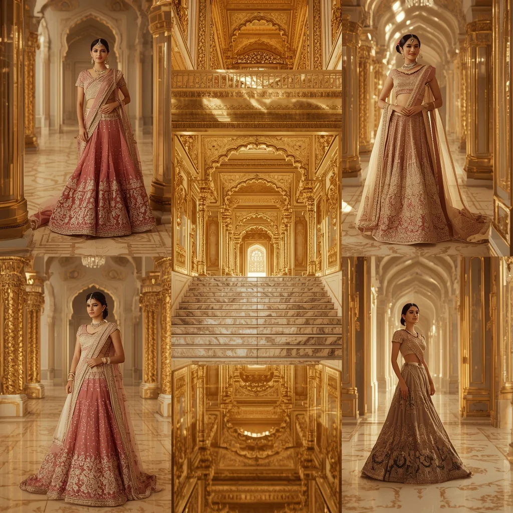 Golden Infinity Palace Indian Dress Collage Image Prompt Festive Ultra Premium | Instagram Prompt For Girls In Saree