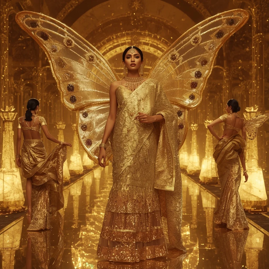 Golden Mirage Butterfly Saree  Multi-Pose Desert Fantasy Couture with Jewel Palace Background | Viral Instagram Ai Prompt