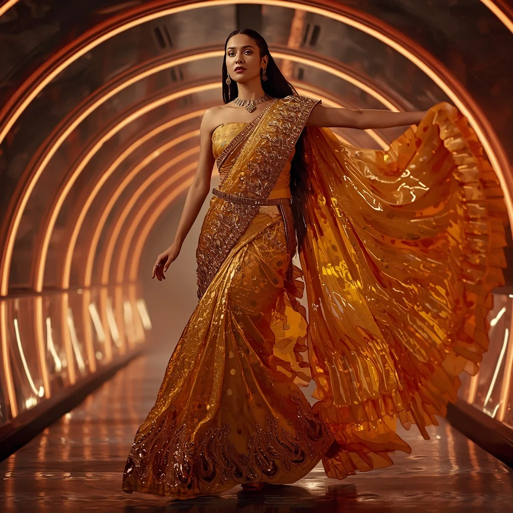 Golden Mirage Flame Saree with Curved Plasma Tunnel | Gemini Ai Photo Prompt Copy Paste