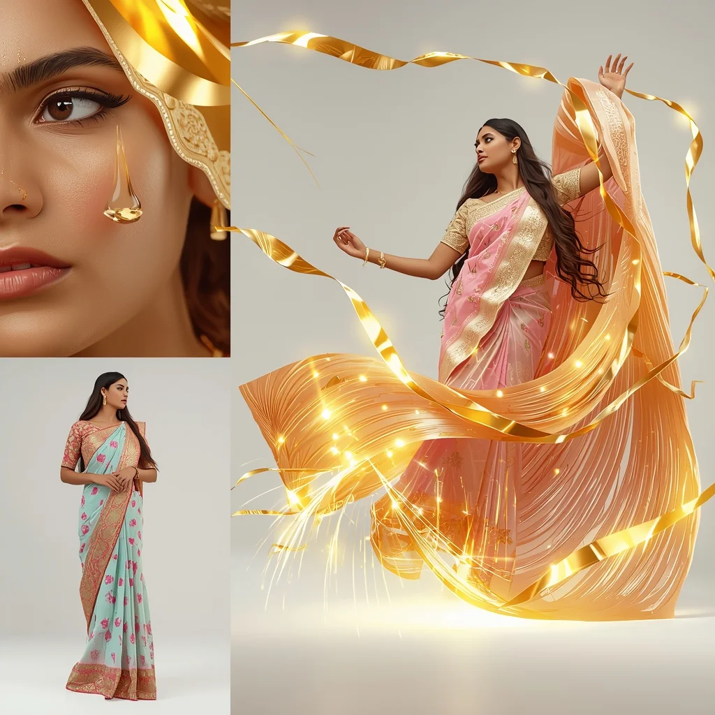 Golden Ribbon Spell Multi-Panel Saree Sequential Portrait Visual | Prompt Gemini Saree