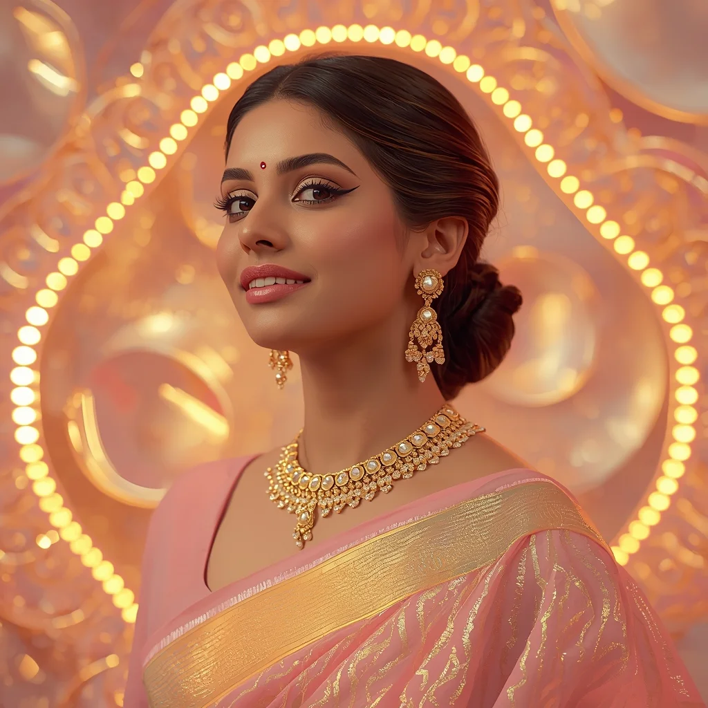 Golden Shine Halo Wave Pastel Saree Indian Woman Luxury Composition | Gemini Prompt