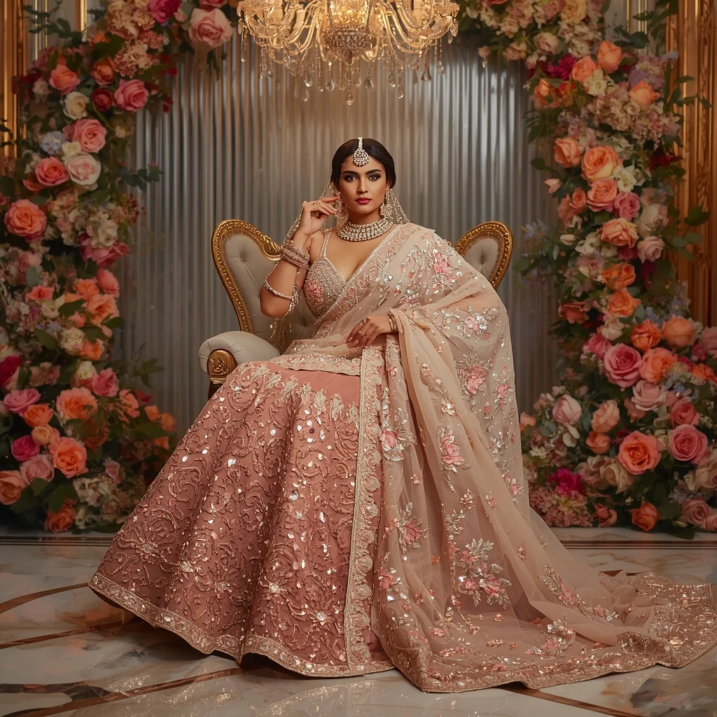 Grand Maharani Festival Saree with Luxury Floral Crystal Hall Background | Saree Profile Pic Ai Prompt