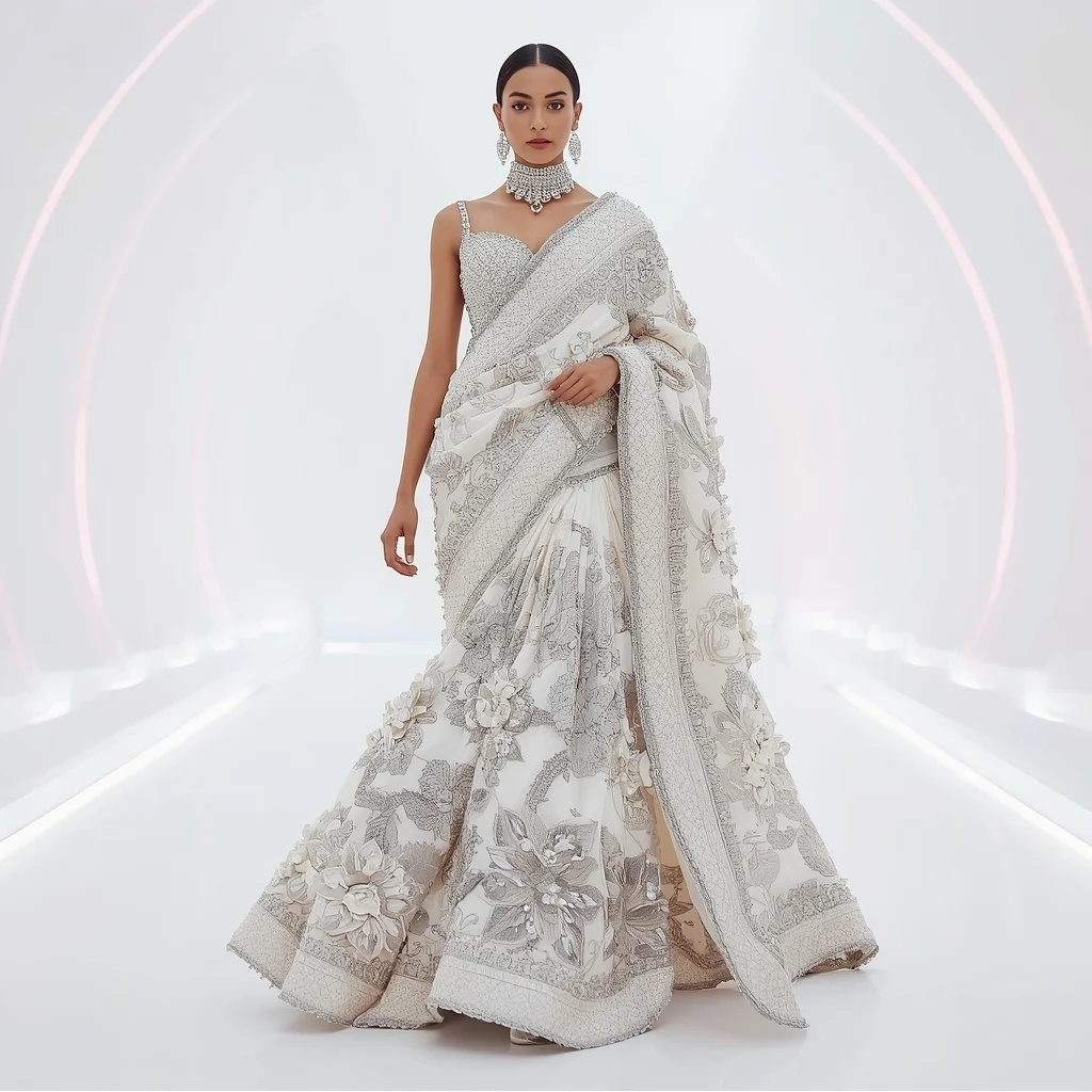 Heavy Pearl and Silver Mirrorwork Saree in Bright Infinity Room | Ai Image Generator Prompt