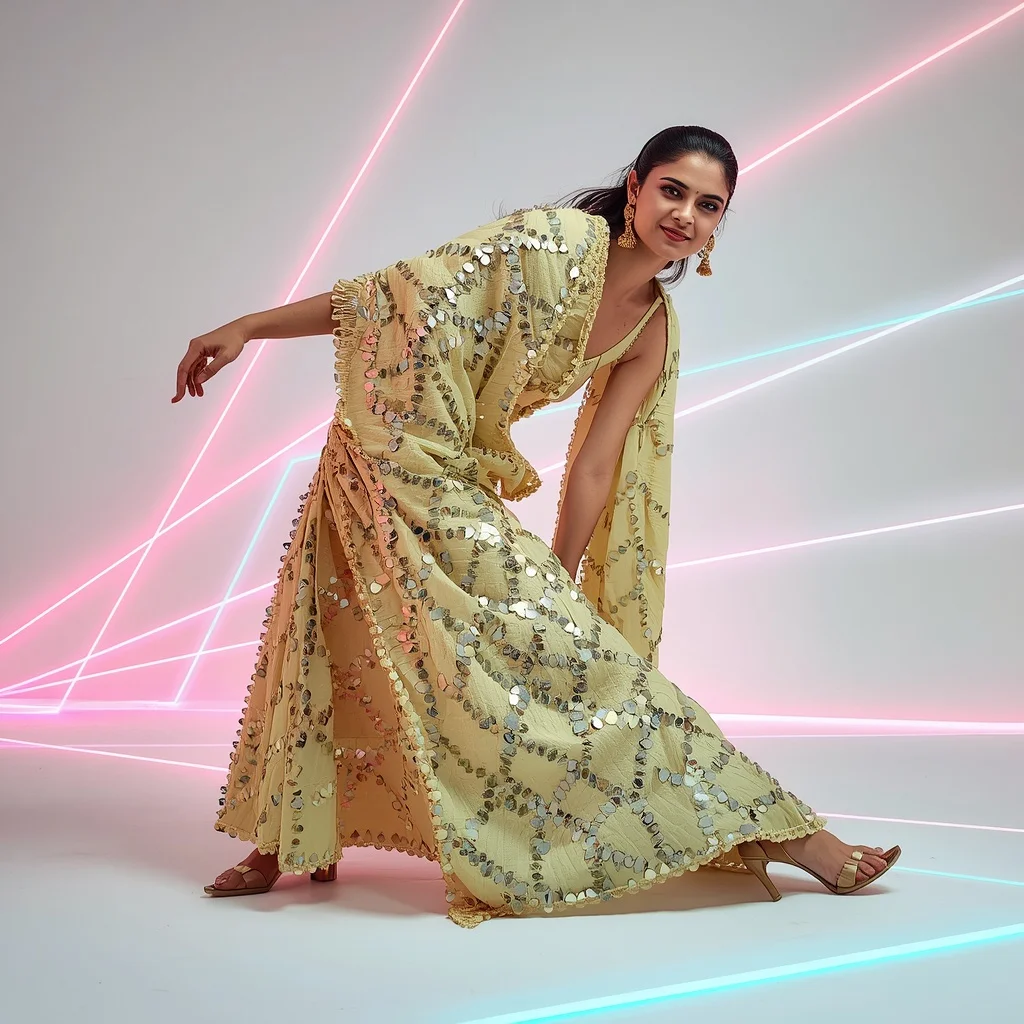 Heavy Shattered Mirror Mosaic & Rigid Gota Plate Pastel Yellow Saree | Matrix Dodge Pose | Gemini Photo Prompt