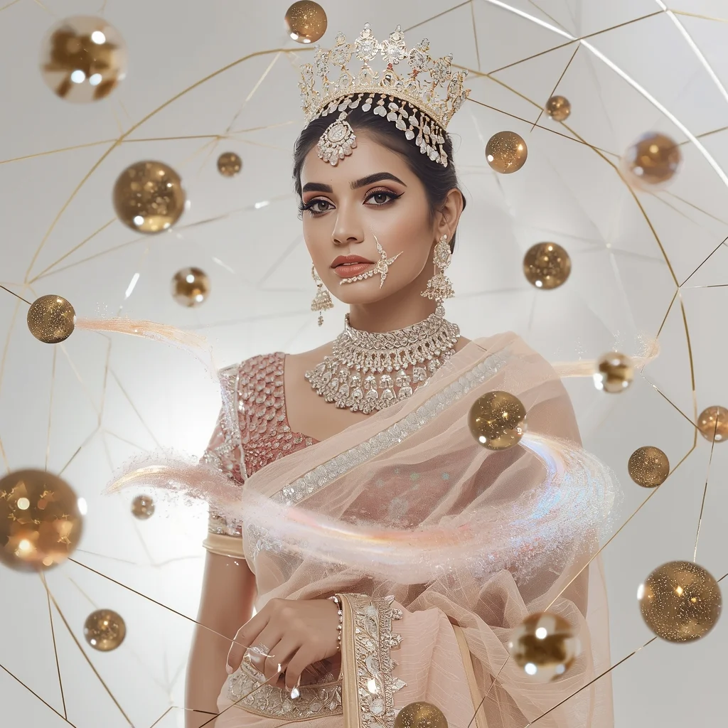 holographic crown multi-Panel saree visual design | Gemini Ai Prompt Saree Copy Paste