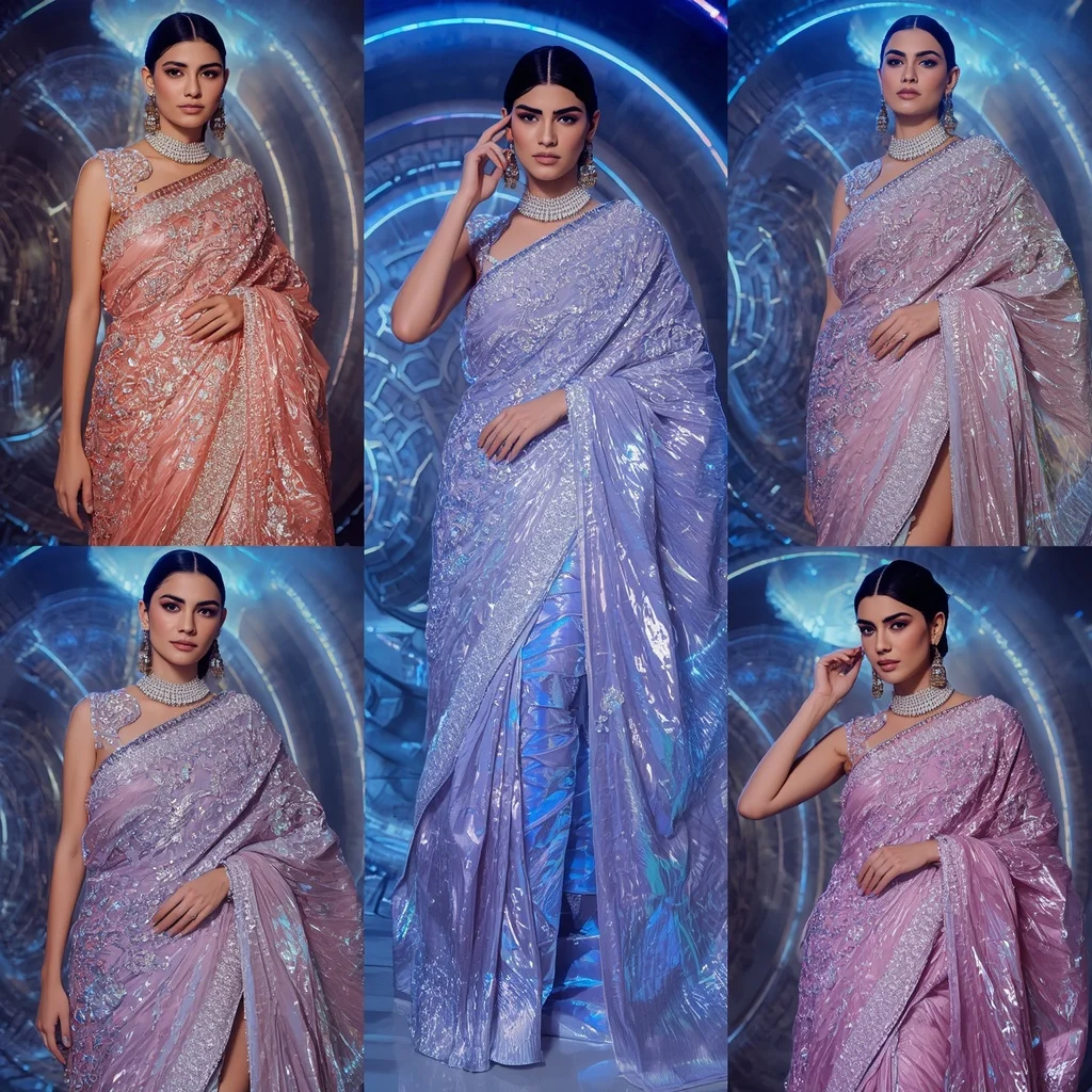 Holographic Lotus Majesty Saree with Neon Spiral Empire | Saree Prompt For Instagram