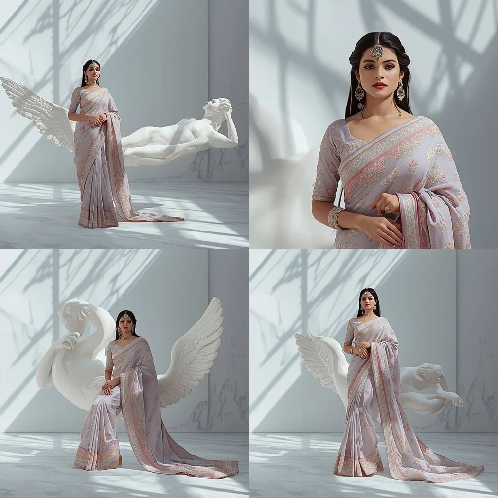 Hovering Porcelain Sculptures Grid Museum Elegance | Prompt For Gemini Saree