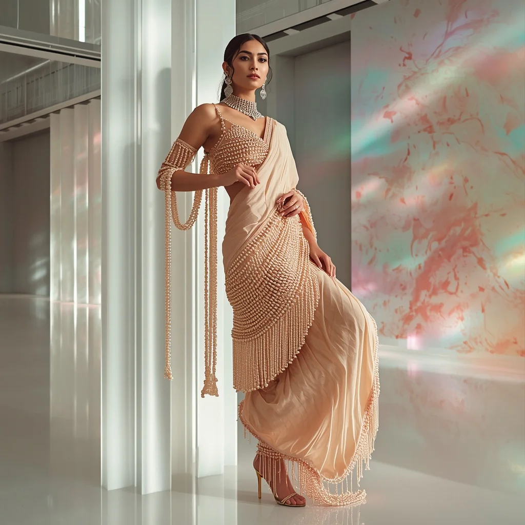 Ice Peach Thick Pearl Fringe Cascade Saree Leaning on Luminous Acrylic Pillar | Image To Prompt