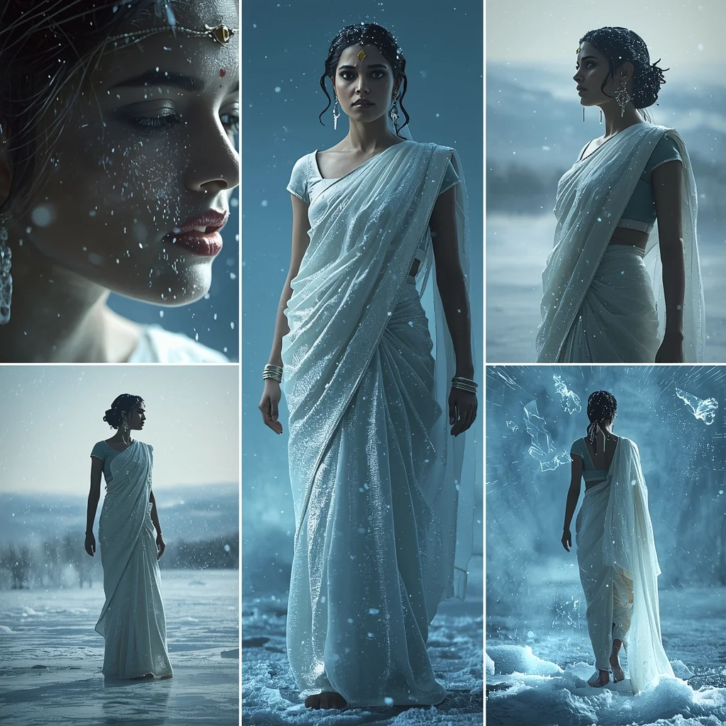 Ice Queen Saree Cinematic Collage Frozen World Snow VFX Fantasy Scene | Saree Girl Dp Ai Prompt Ultra Hd