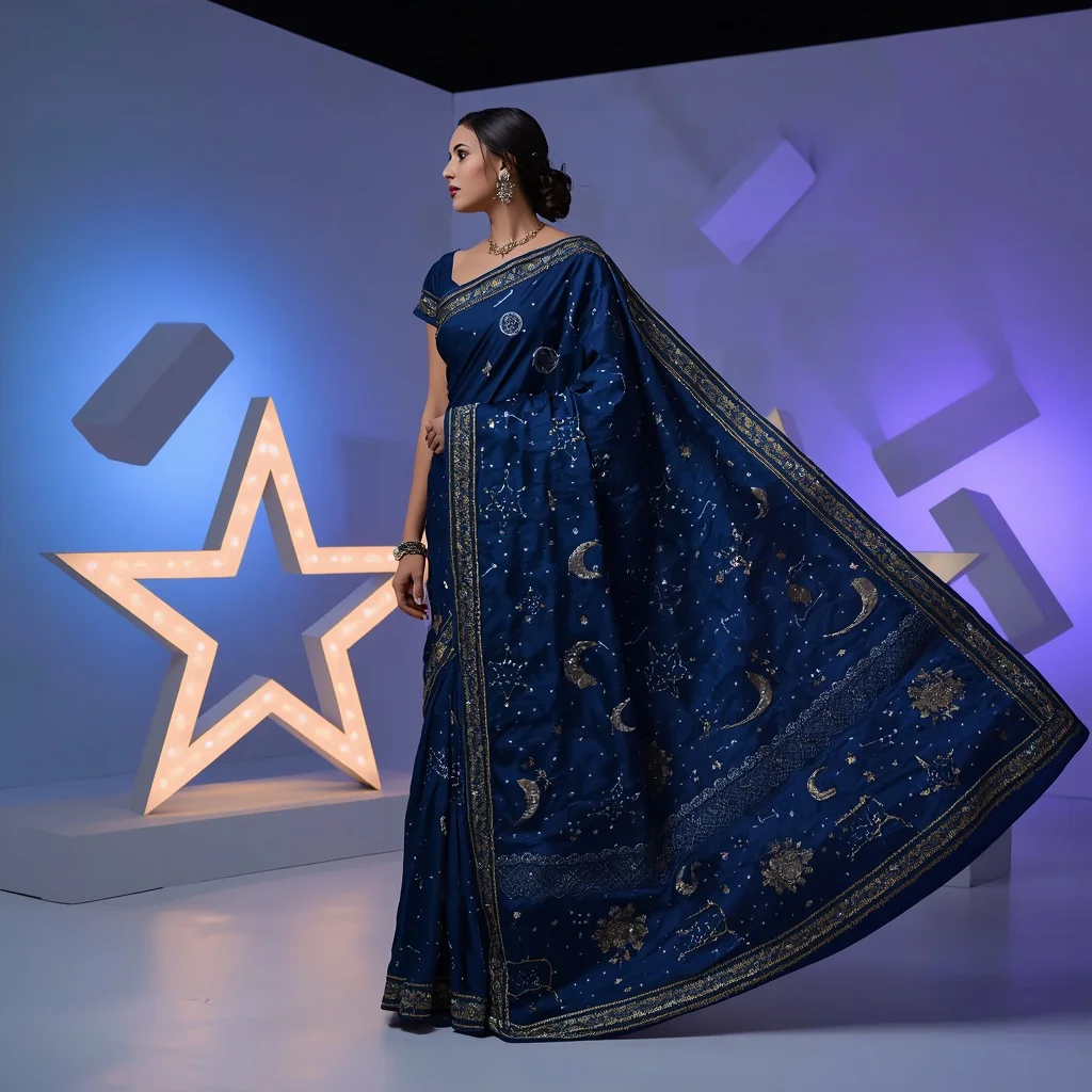 Indigo Starry Night Advanced Design Saree with Celestial Embroidery for Festive Evenings | Pre Wedding Ai Prompt