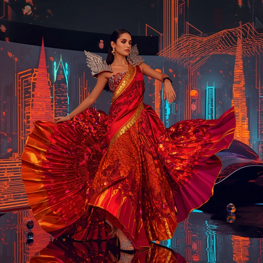 Inferno Aurora Goddess Saree with Floating Neon Prism Skyline | Saree Photoshoot Ai Prompt