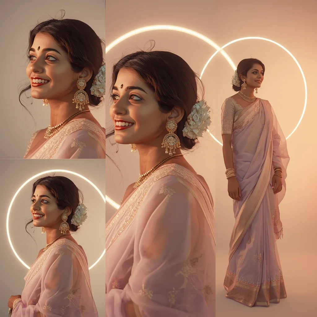 Infinity Pulse Halo Orbit Pastel Saree Indian Woman Premium Composition | Saree Prompt