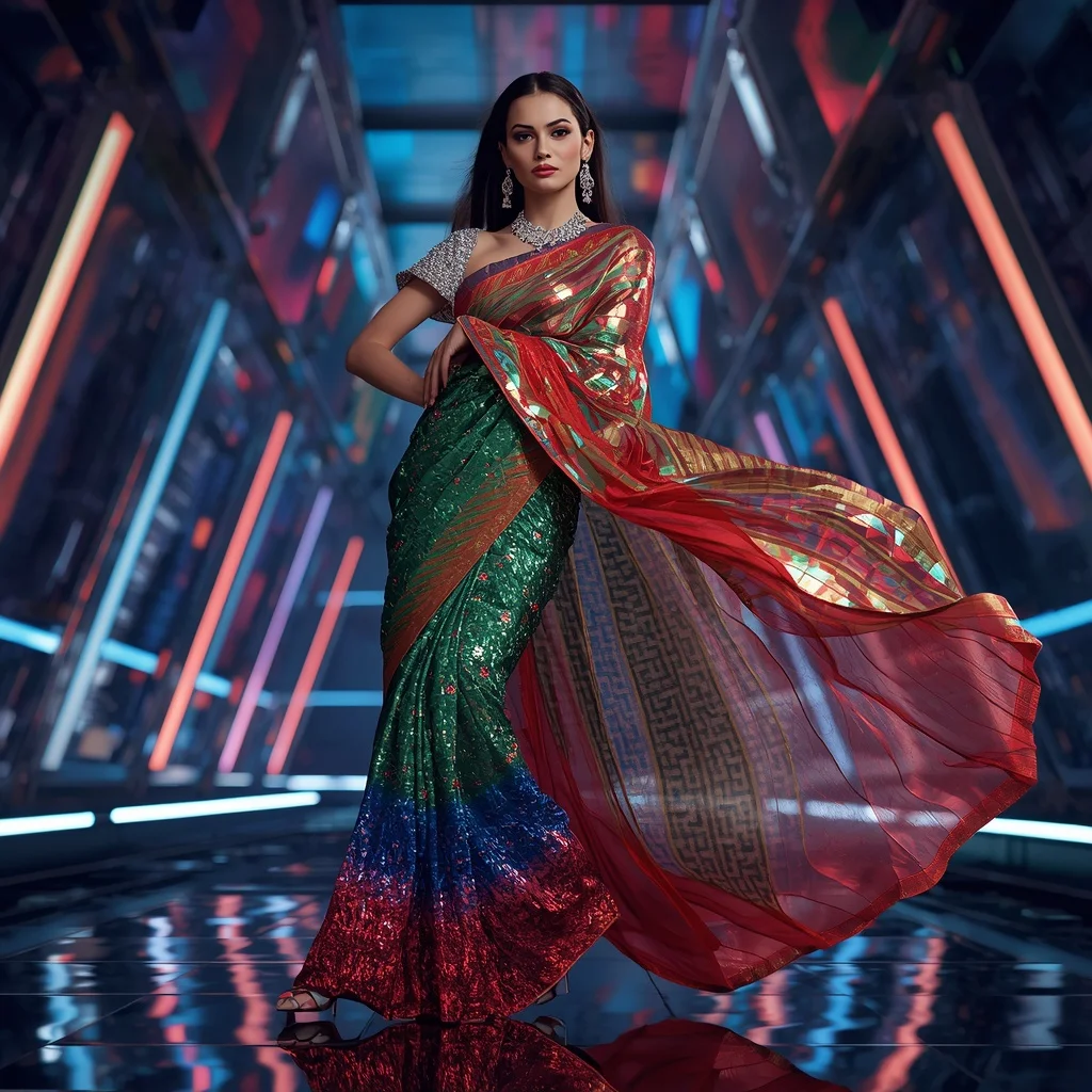 Infinity Royale Hologram Saree with Dynamic Neon Skyline Architecture | Gemini Ai Prompt For Instagram