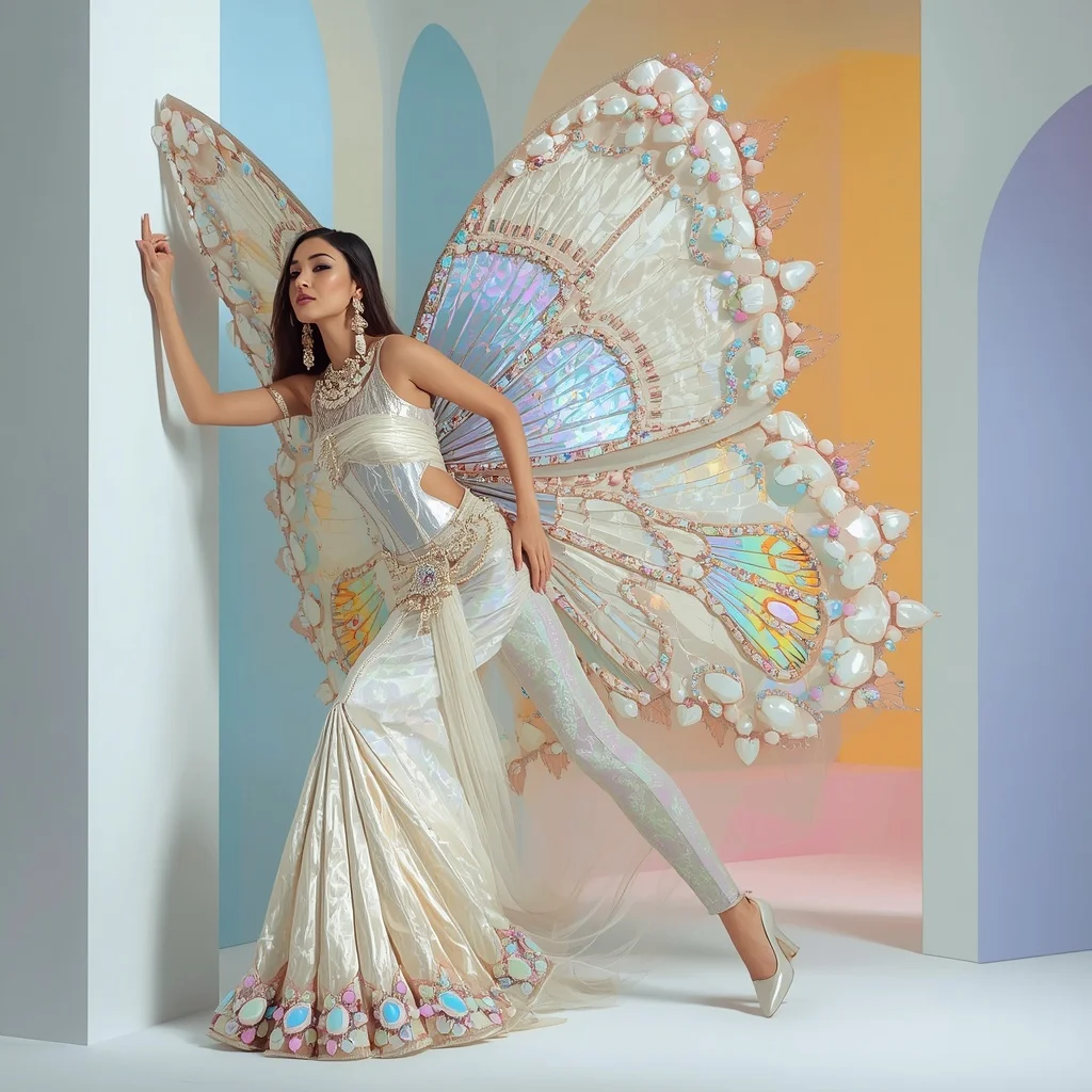 Iridescent Mother-of-Pearl Butterfly Saree Look with High-Fashion Leaning Stretch Pose | Desi Girl Ai Prompt