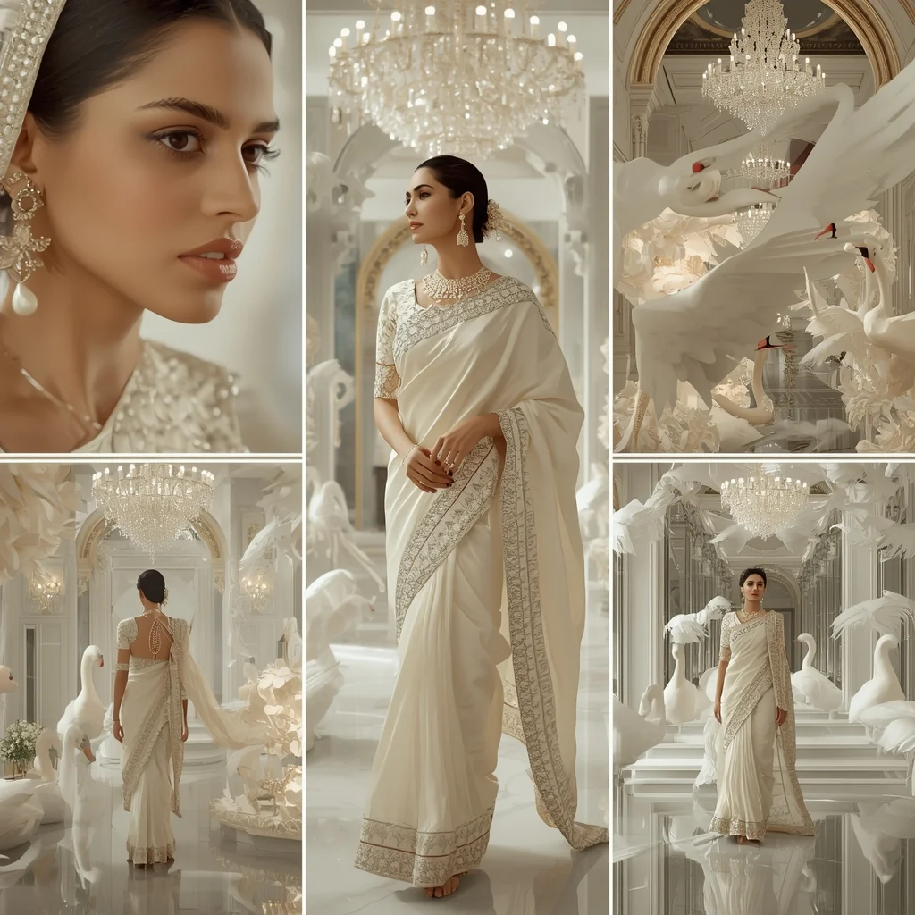 Ivory Mirage Swan Palace Saree Cinematic Collage Dream Royal Elegance Premium Scene | Traditional Prompt For Gemini Ai Girl Copy And Paste