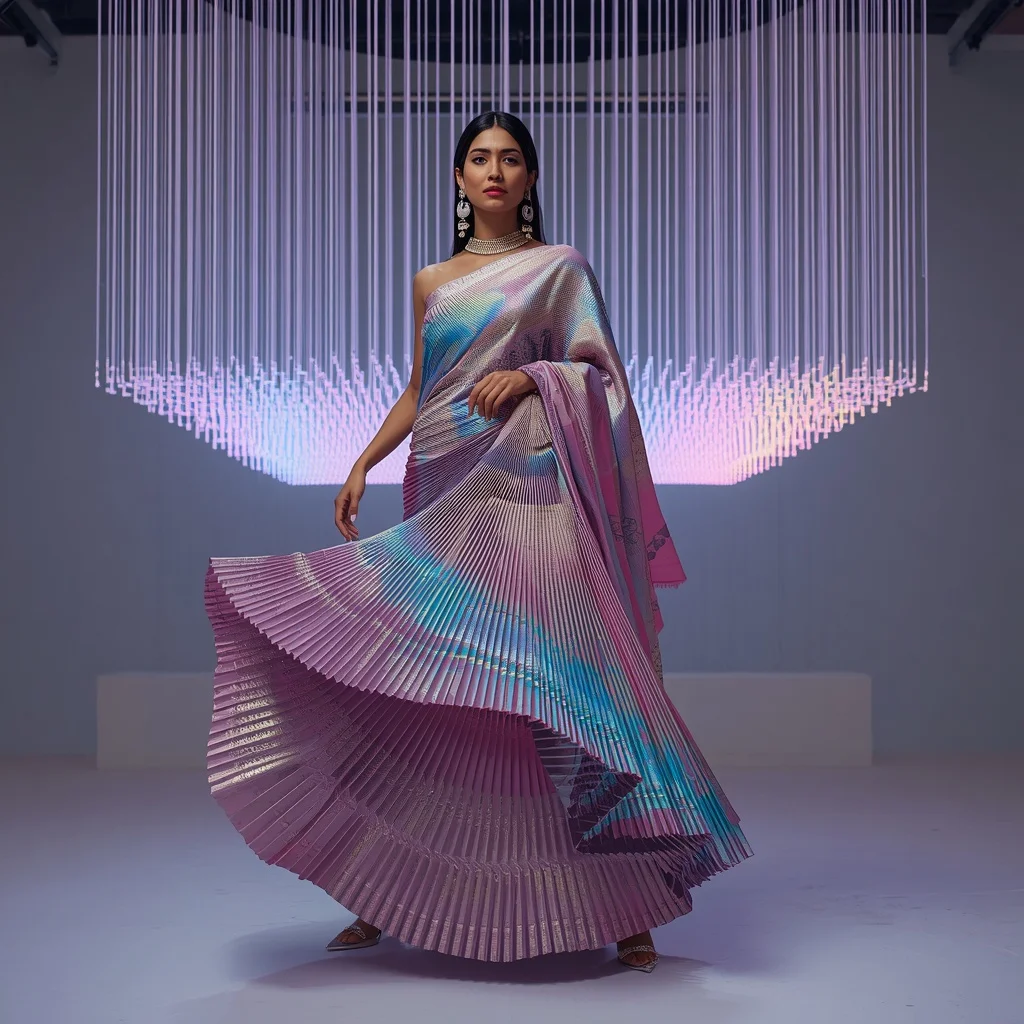 Kinetic Pleat Prism Saree with Floating LED Wave Installation | Desi Saree Ai Prompt