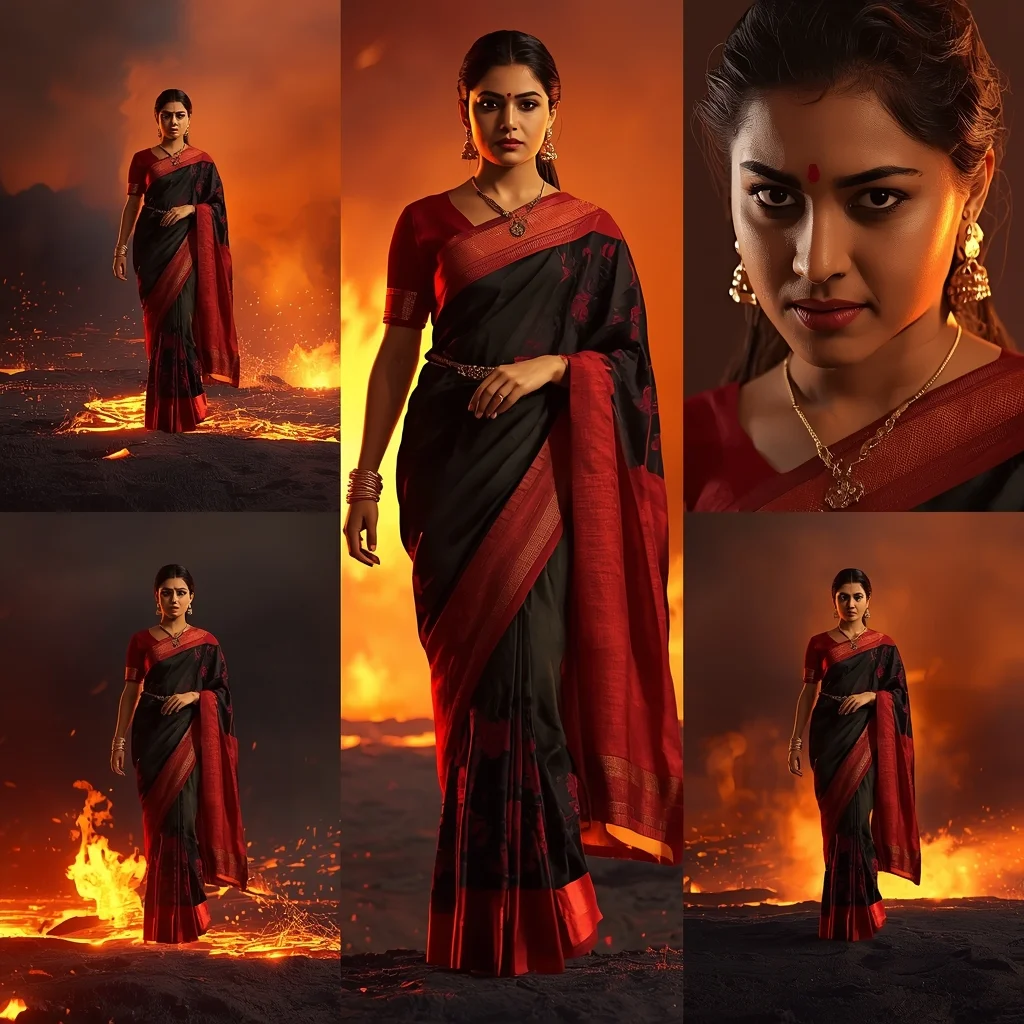 Lava Volcano Saree Cinematic Collage Epic Fire Earth VFX Power Scene | Saree Prompt For Girls