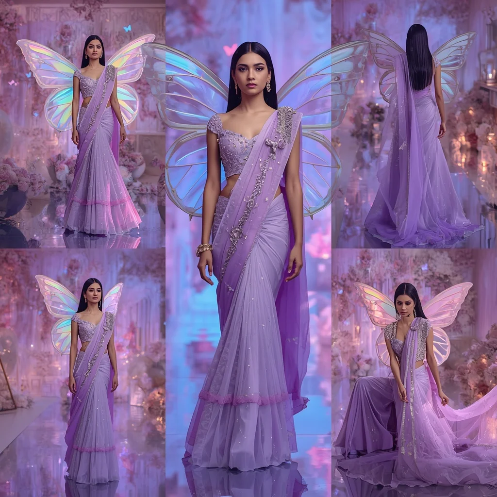 Lavender Crystal Butterfly Saree with Multi Pose Aurora Garden Background | Ai Video Generator Prompt