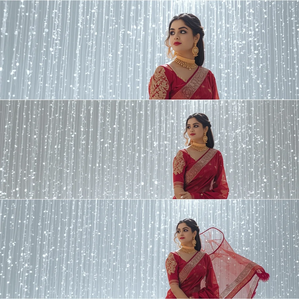 Light Curtain Crystal Rain Storyboard Sun Drenched Ethereal Glow | Beautiful Saree Girl Ai Prompt