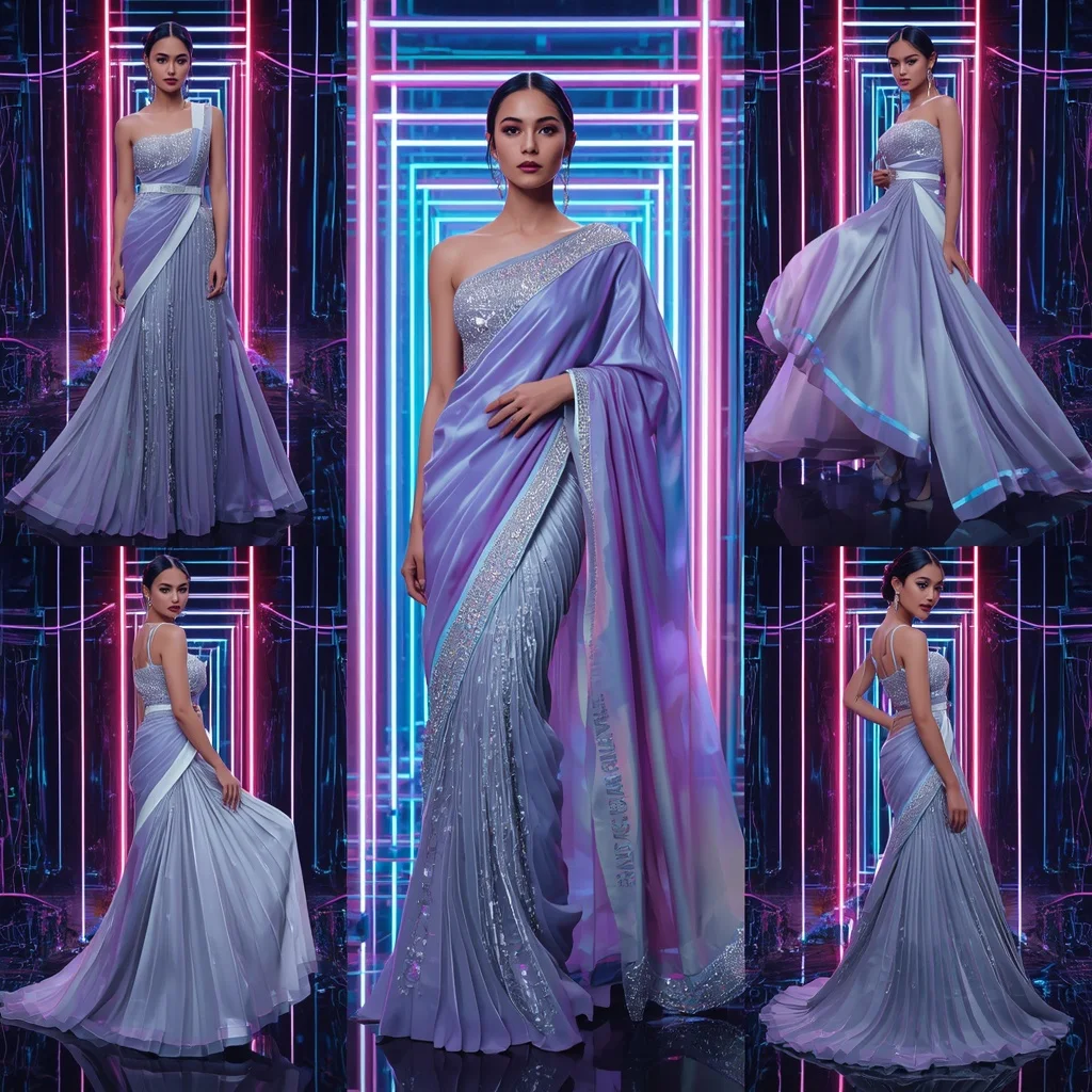 Lunar Prism Couture Saree with Neon Ribbon Infinity Crystal Hall | Desi Girl Ai Prompt
