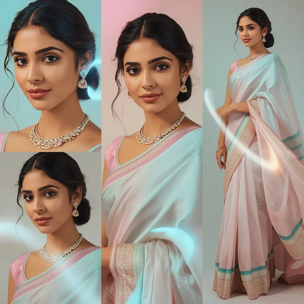 Lunar Pulse Halo Flow Pastel Saree Indian Woman Premium Composition | Gemini Ai Prompt Saree Copy Paste