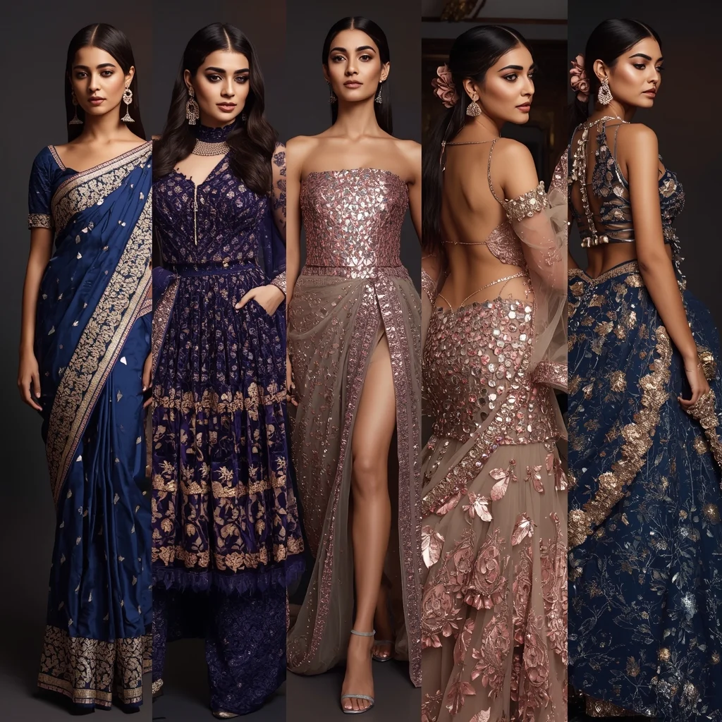 Luxe Sapphire Rose Indian Dress Collage Image Prompt Festive Premium Fashion | Google Prompt