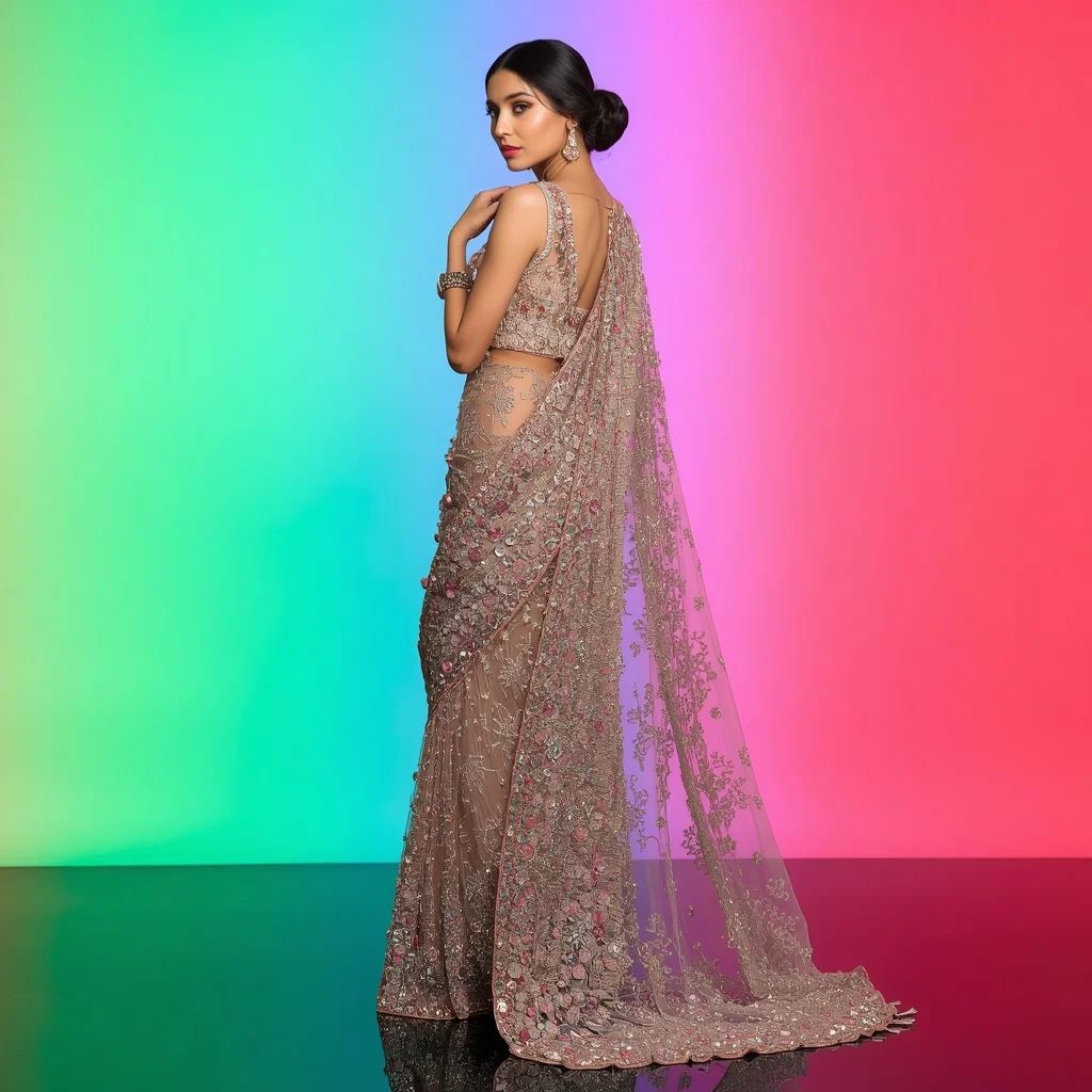 Luxury Crystal Mirror Work Saree with Vibrant Rainbow Neon Background | Flux Ai Prompt