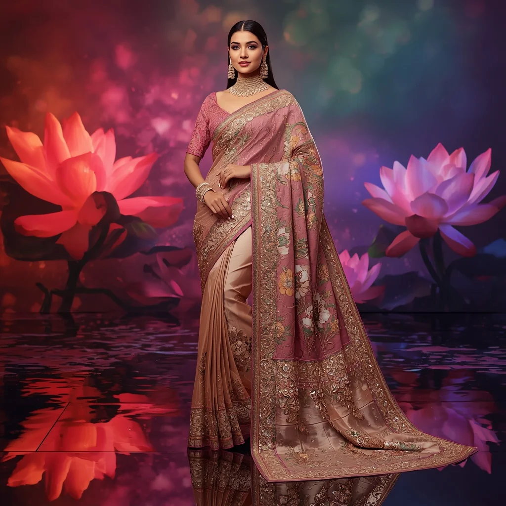 Luxury Lotus Designer Saree with Premium Multicolor Water Reflection Background | Saree Prompt For Women
