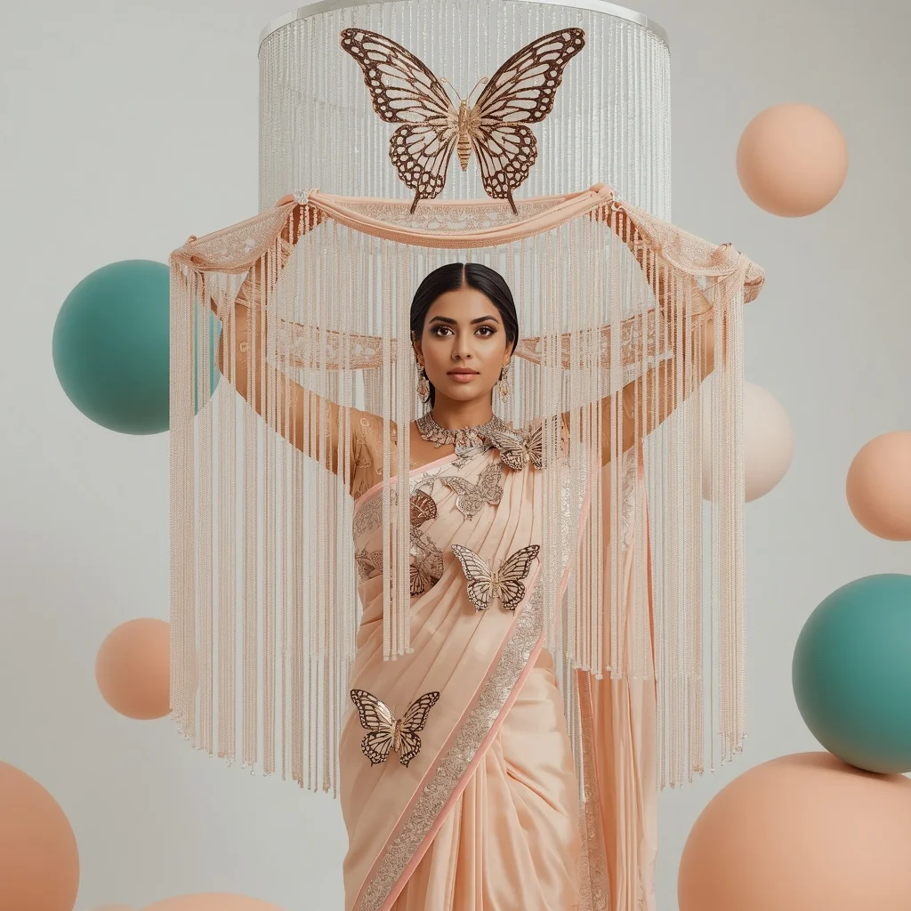 Massive 3D Butterfly & Heavy Crystal Tassel Pastel Blush Saree | Overhead Pallu Frame | Instagram Carousel Ai Prompt