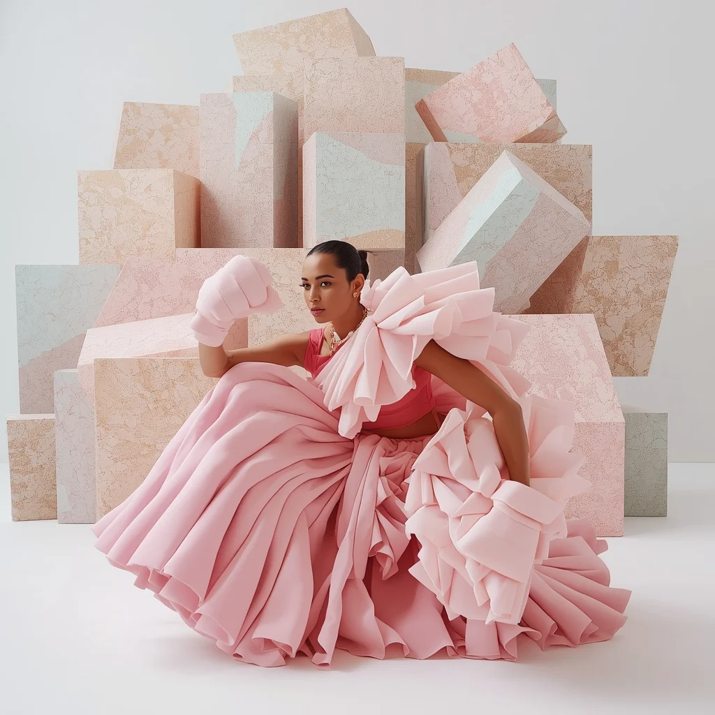 Massive 3D Sculpted Foam Ruffle & Pastel Pink Saree | Grounded Fist-Smash Power Pose | Floating Pastel Terrazzo Blocks | Instagram Reel Ai Prompt
