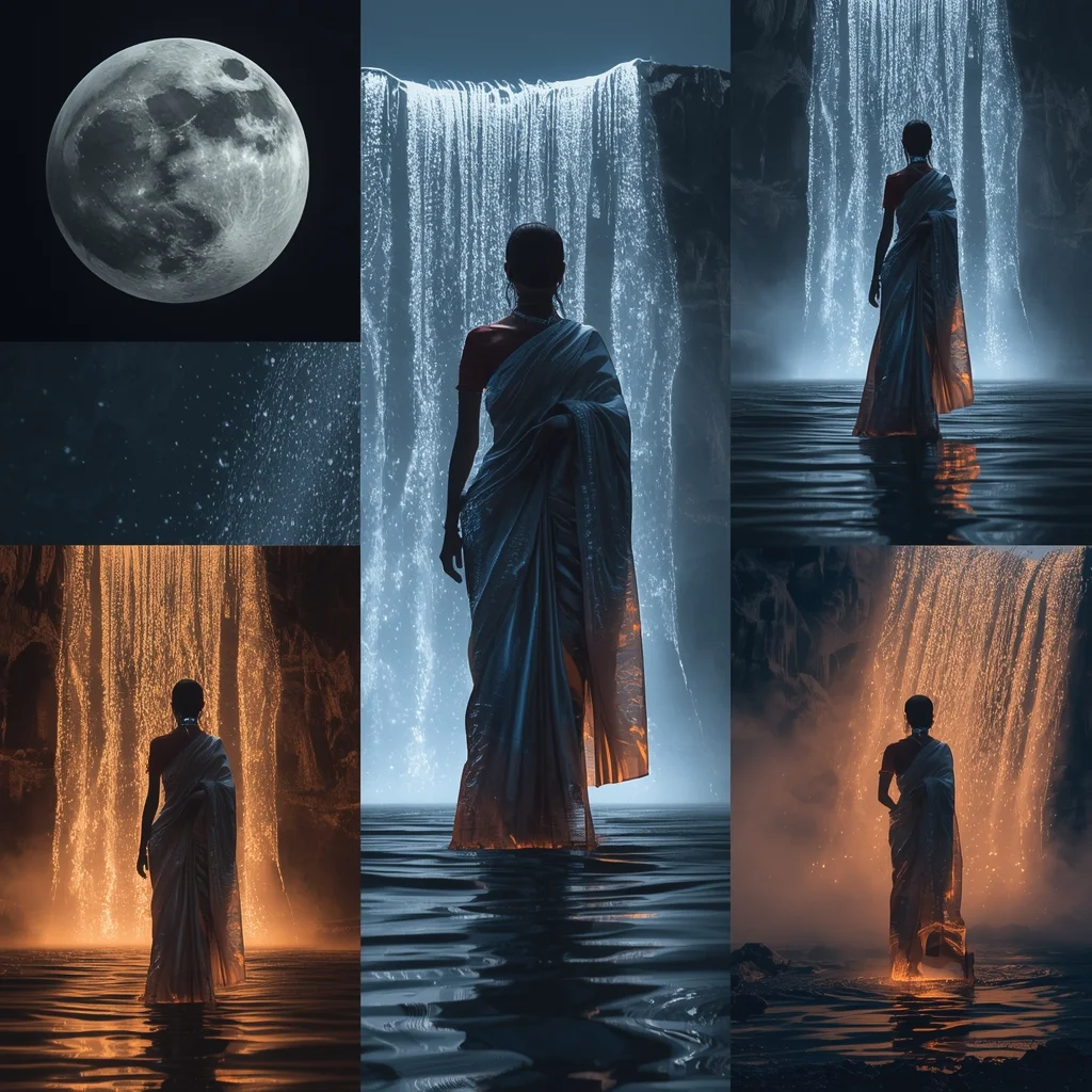 Moonfire Waterfall Saree Cinematic Collage Lunar Cascade Goddess Premium Scene | Cute Prompt For Girls In Saree