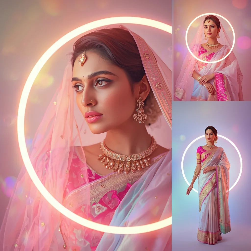Mystic Aura Pastel Saree Indian Woman Dreamy Luxury Collage | Saree Pose Ai Prompt