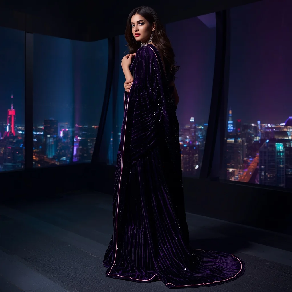 Neon-Piped Midnight Velvet Saree with Cyber-City Interior | Gemini Saree Prompt