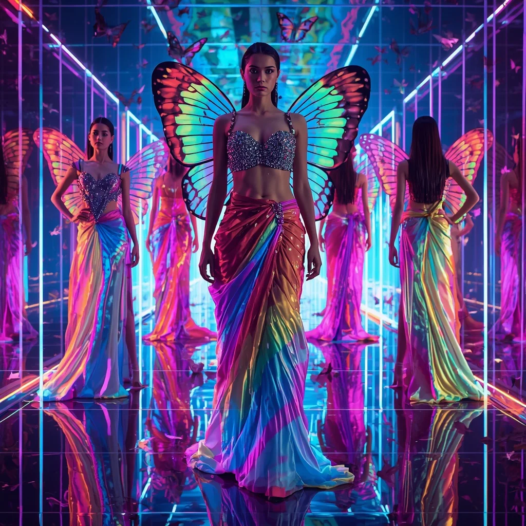 Neon Rainbow Butterfly Saree with Multi Pose Prism Tunnel Background | 3d Animation Ai Prompt
