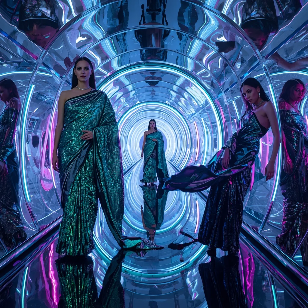 Neon Serpent Couture Saree with Multi Pose Crystal Corridor | Character Design Ai Prompt