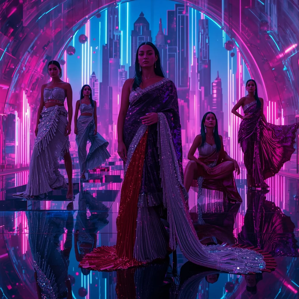 Neon Titan Royale Saree with Multi Pose Infinity Skyline | Instagram Model Ai Prompt