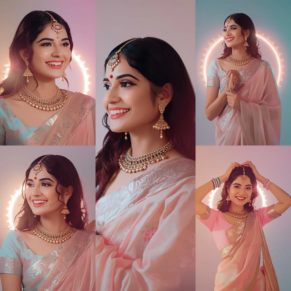 Nova Pulse Halo Wave Pastel Saree Indian Woman Premium Composition | Bridal Saree Ai Prompt
