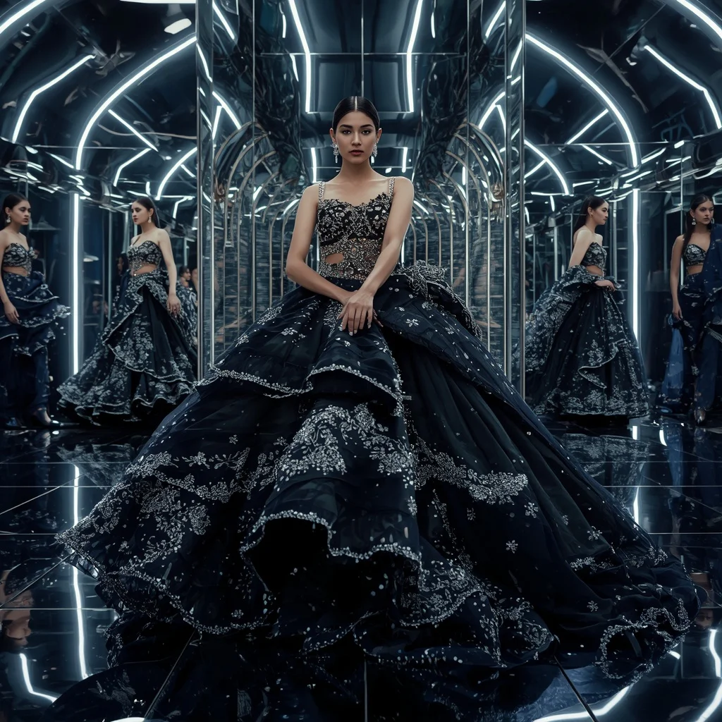 Obsidian Crystal Royale Saree with Curved Mirror Palace | Character Design Ai Prompt