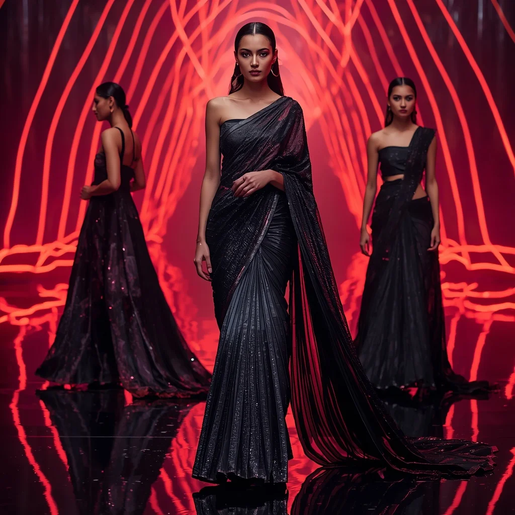 Obsidian Flame Festival Saree with RGB Laser Citadel | Ai Prompt