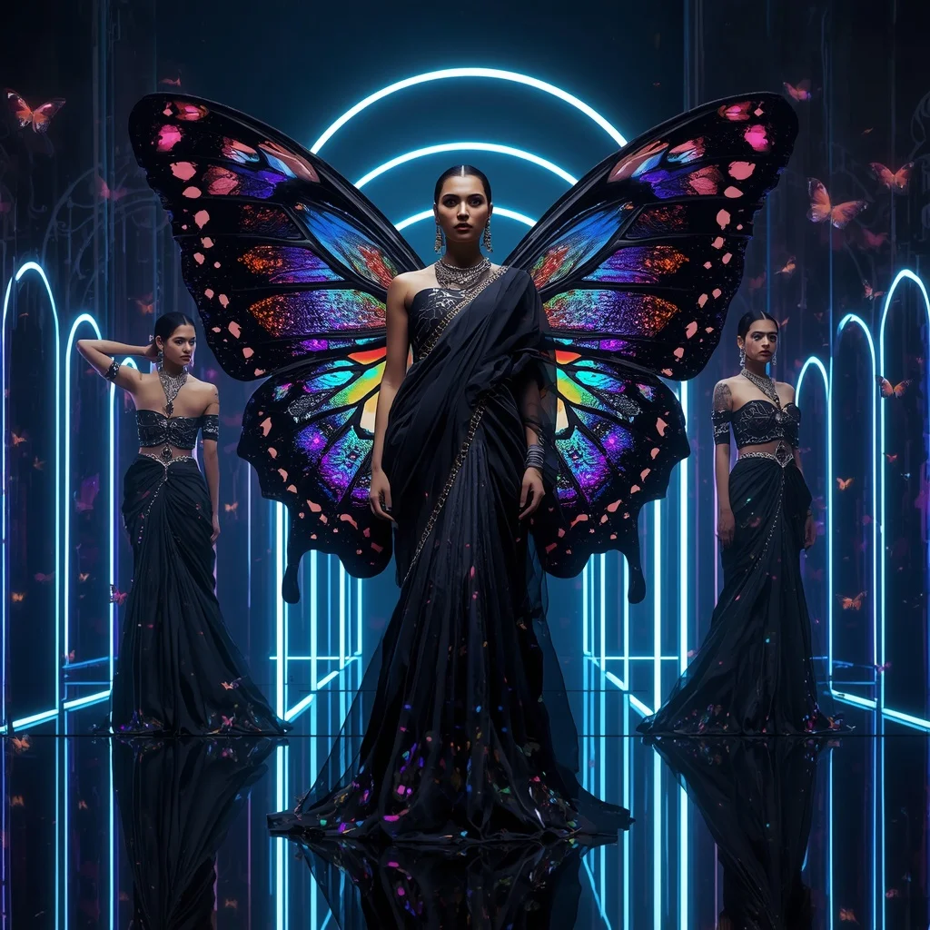 Obsidian Prism Butterfly Saree with Multiple Avant Garde Poses and Neon Kingdom Background | Aesthetic Ai Prompt