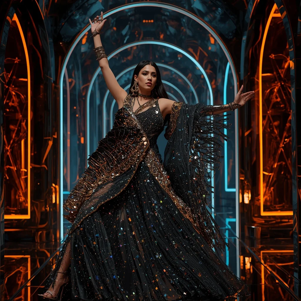 Obsidian Prism Thunder Saree with RGB Infinity Citadel | Saree Prompt Copy Paste