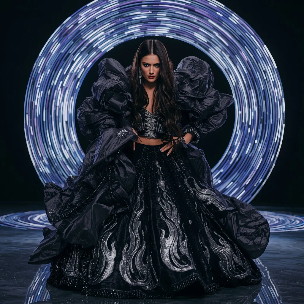 Obsidian Thunder Designer Saree with Infinity Plasma Dome | Style Ai Prompt