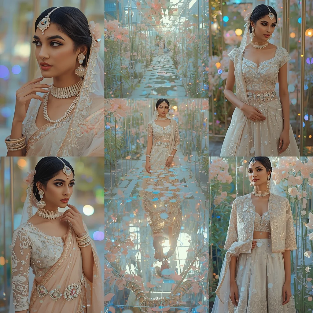 Opal Reflection Garden Indian Dress Collage Image Prompt Festive Luxury Premium | Prompt For Saree For Wedding