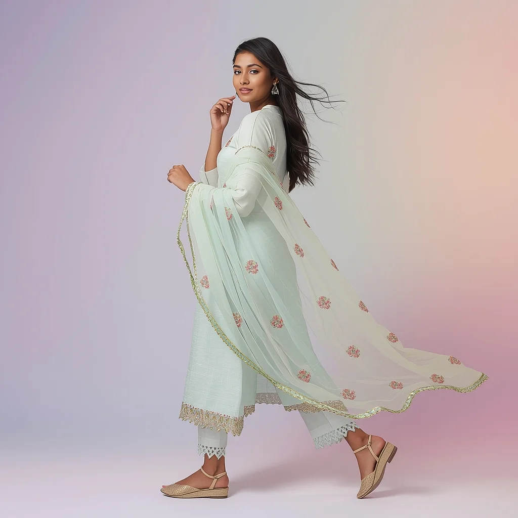 Pastel Kurta Set Girl Soft Cross Step Pivot Pose | Stable Diffusion Prompt