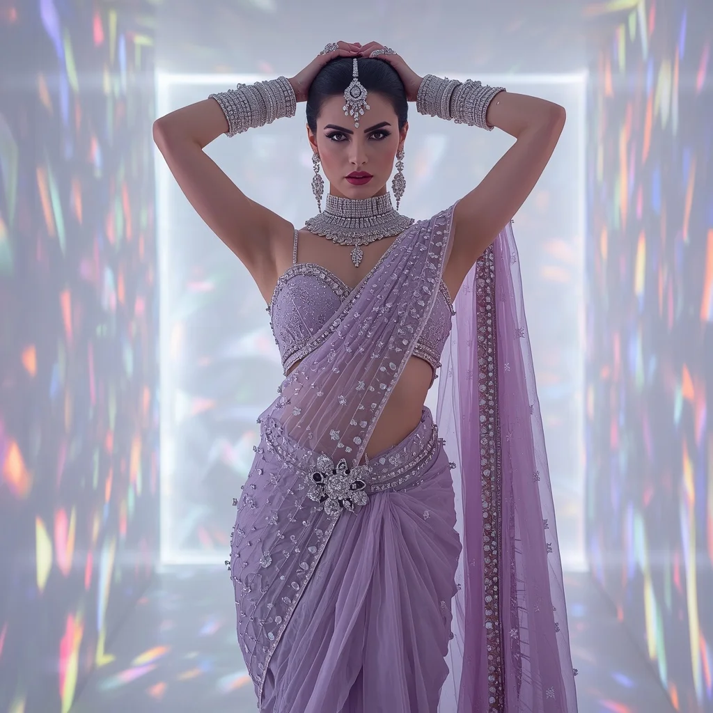 Pastel Lilac Ultra-Heavy Diamond Fusion Saree with Hands-on-Head Majestic Stare | Luxury Ai Prompt