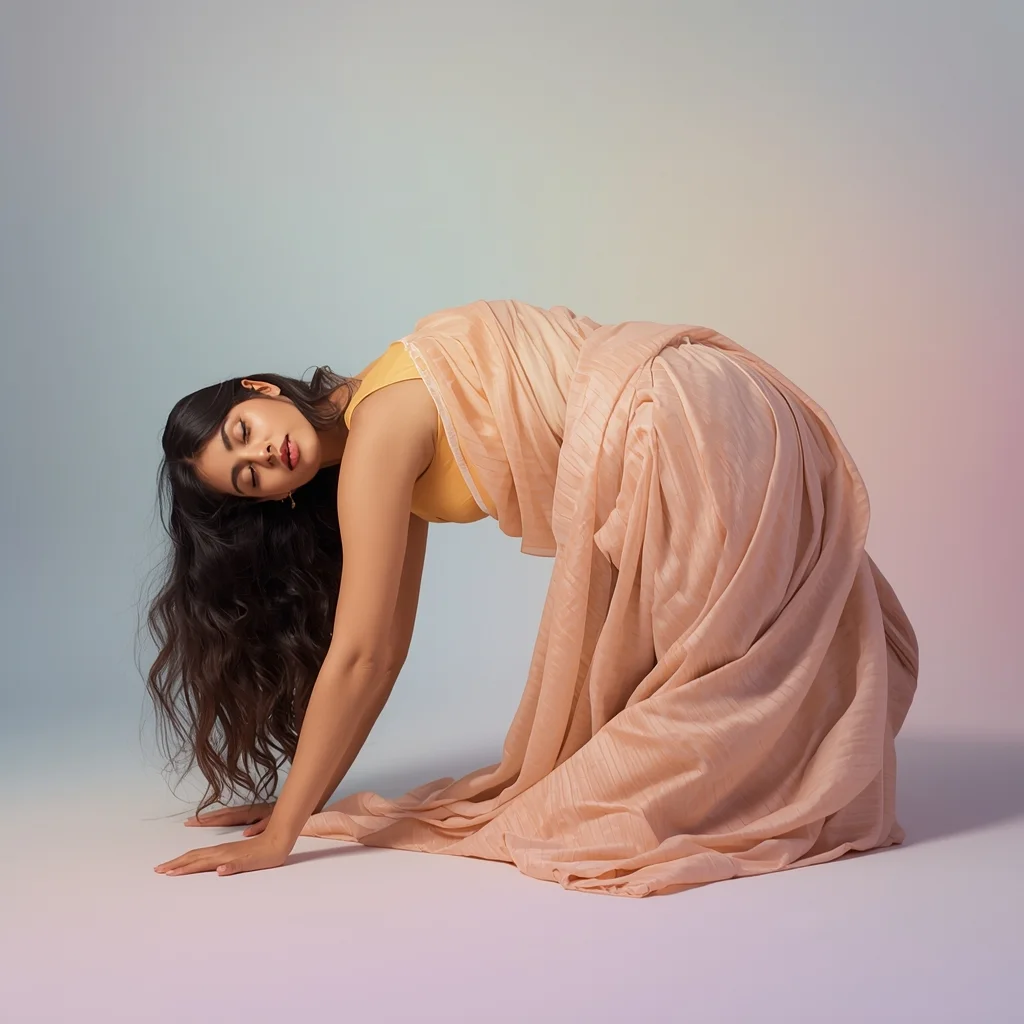 Pastel Saree Girl Soft Floor Lean Fabric Cascade Pose | Bridal Ai Prompt